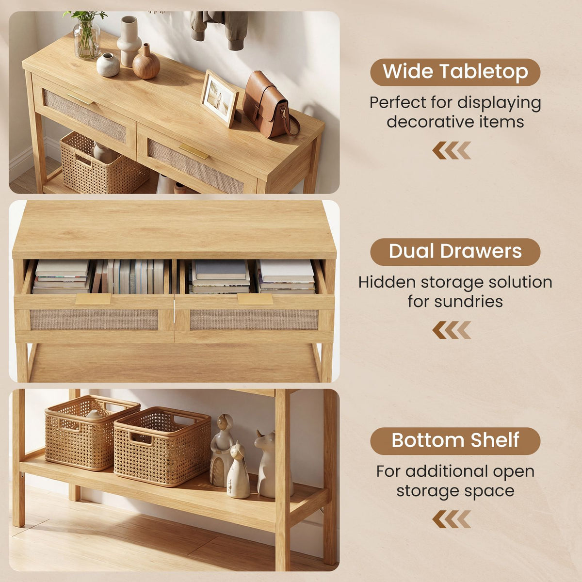 Rattan Console Table with 2 Drawers for Small Space