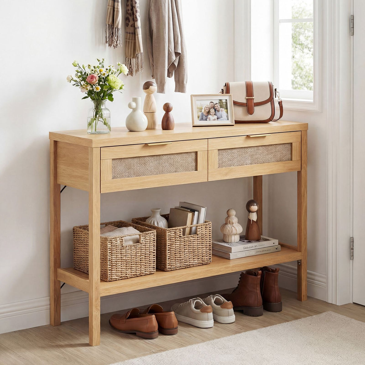 Rattan Console Table with 2 Drawers for Small Space