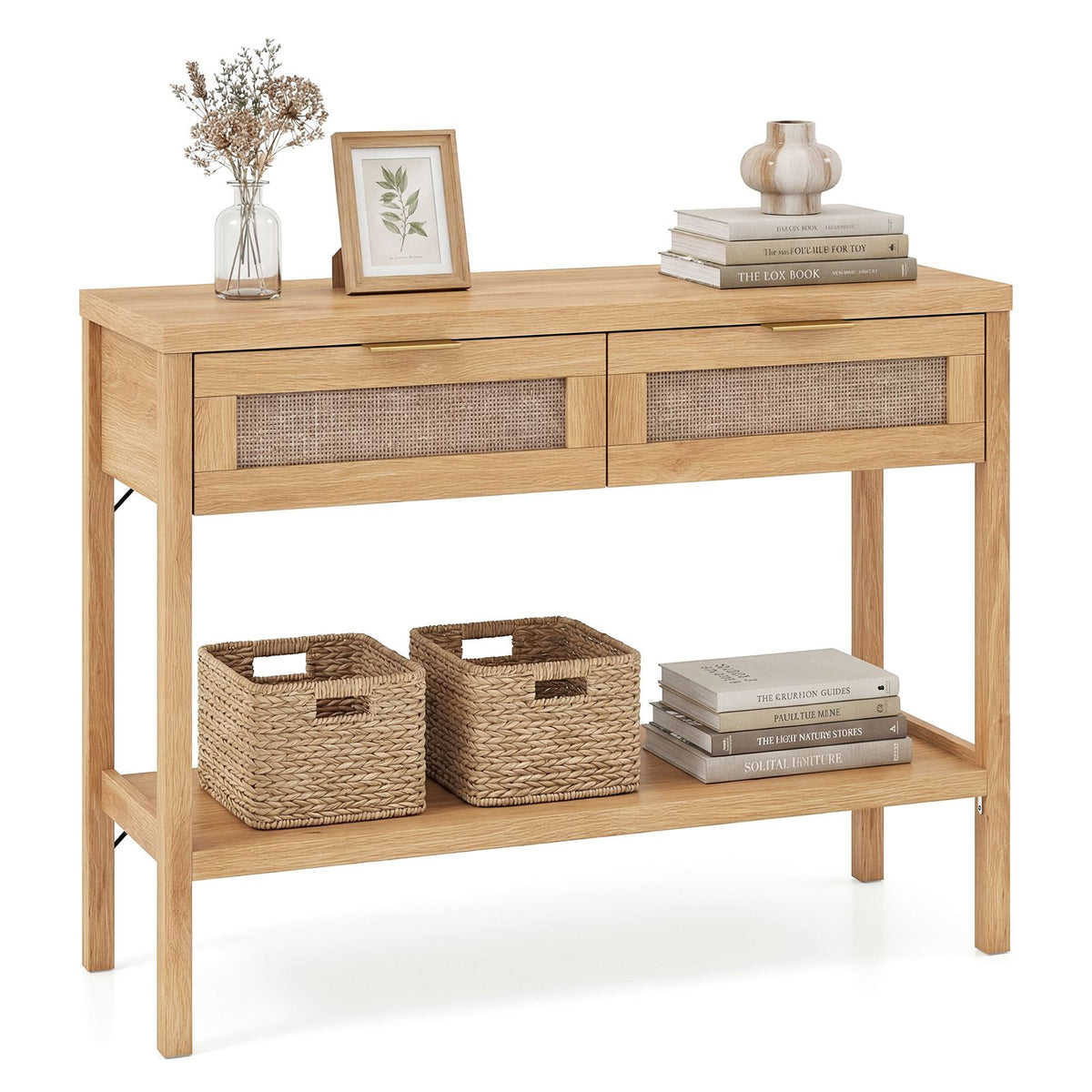 Rattan Console Table with 2 Drawers for Small Space