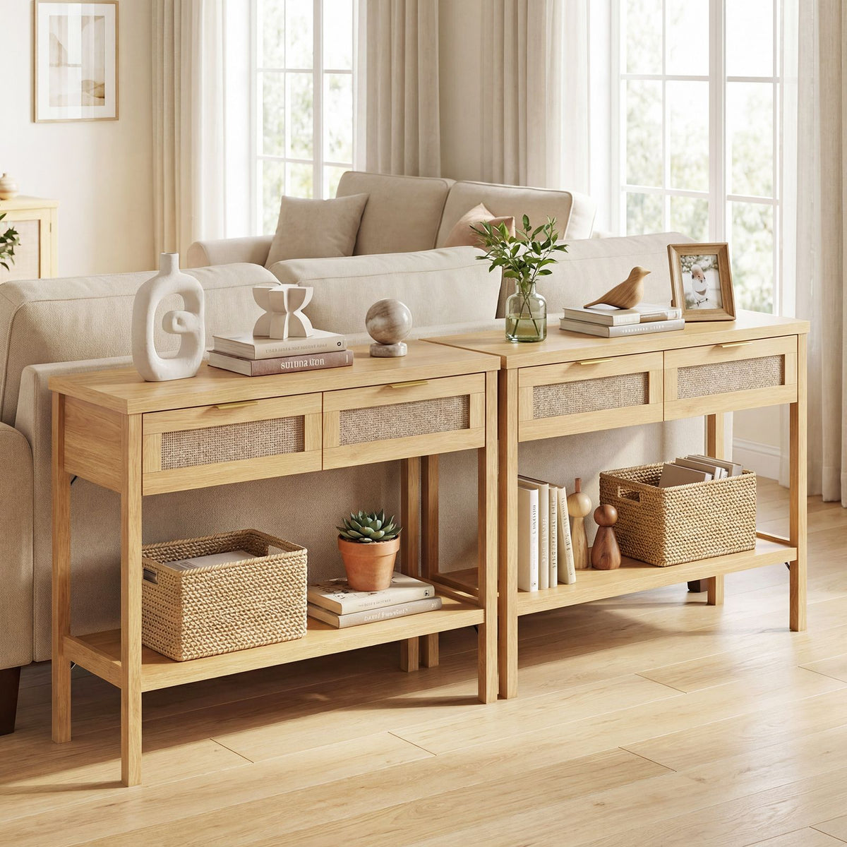 Rattan Console Table with 2 Drawers for Small Space
