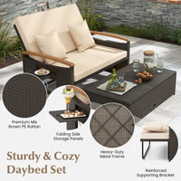 Rattan Woven Loveseat with Storage Ottoman and Adjustable Backrest