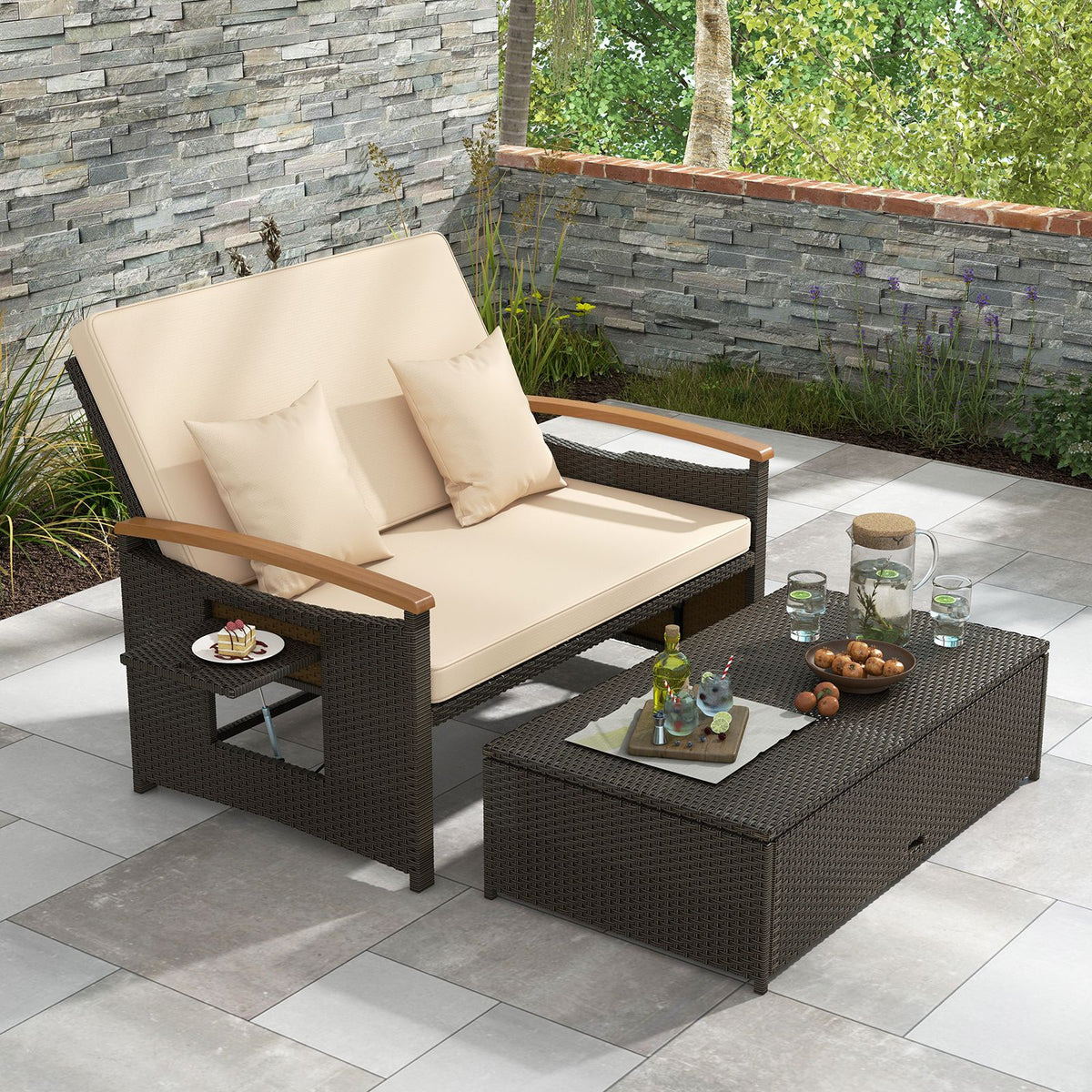 Rattan Woven Loveseat with Storage Ottoman and Adjustable Backrest