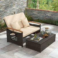 Rattan Woven Loveseat with Storage Ottoman and Adjustable Backrest