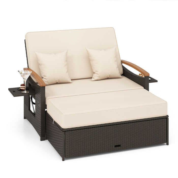 Rattan Woven Loveseat with Storage Ottoman and Adjustable Backrest