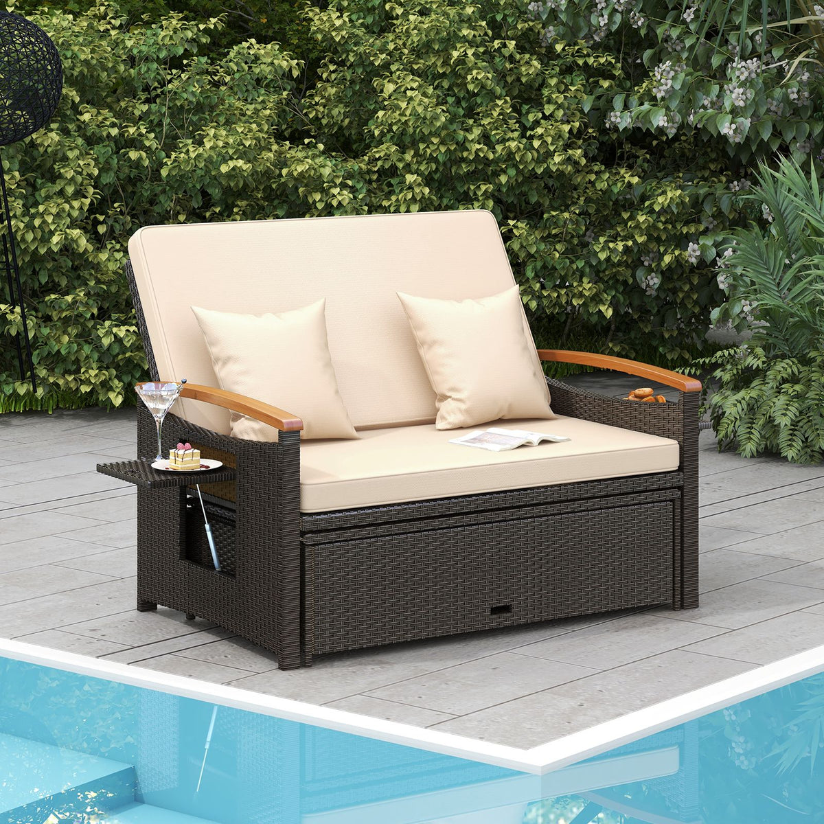 Rattan Woven Loveseat with Storage Ottoman and Adjustable Backrest
