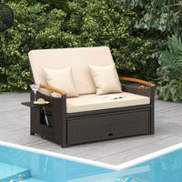 Rattan Woven Loveseat with Storage Ottoman and Adjustable Backrest