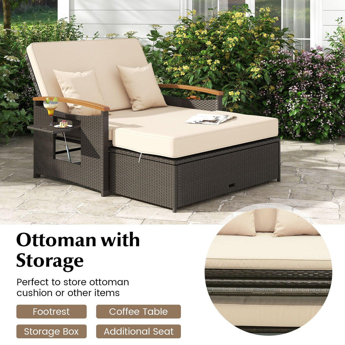 Rattan Woven Loveseat with Storage Ottoman and Adjustable Backrest