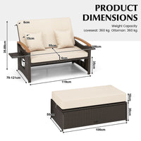 Rattan Woven Loveseat with Storage Ottoman and Adjustable Backrest