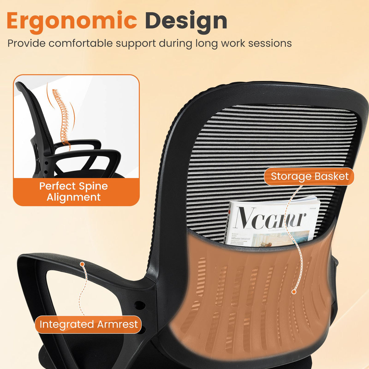 Reception Chair No Wheels with Breathable Mesh Back and Storage Basket