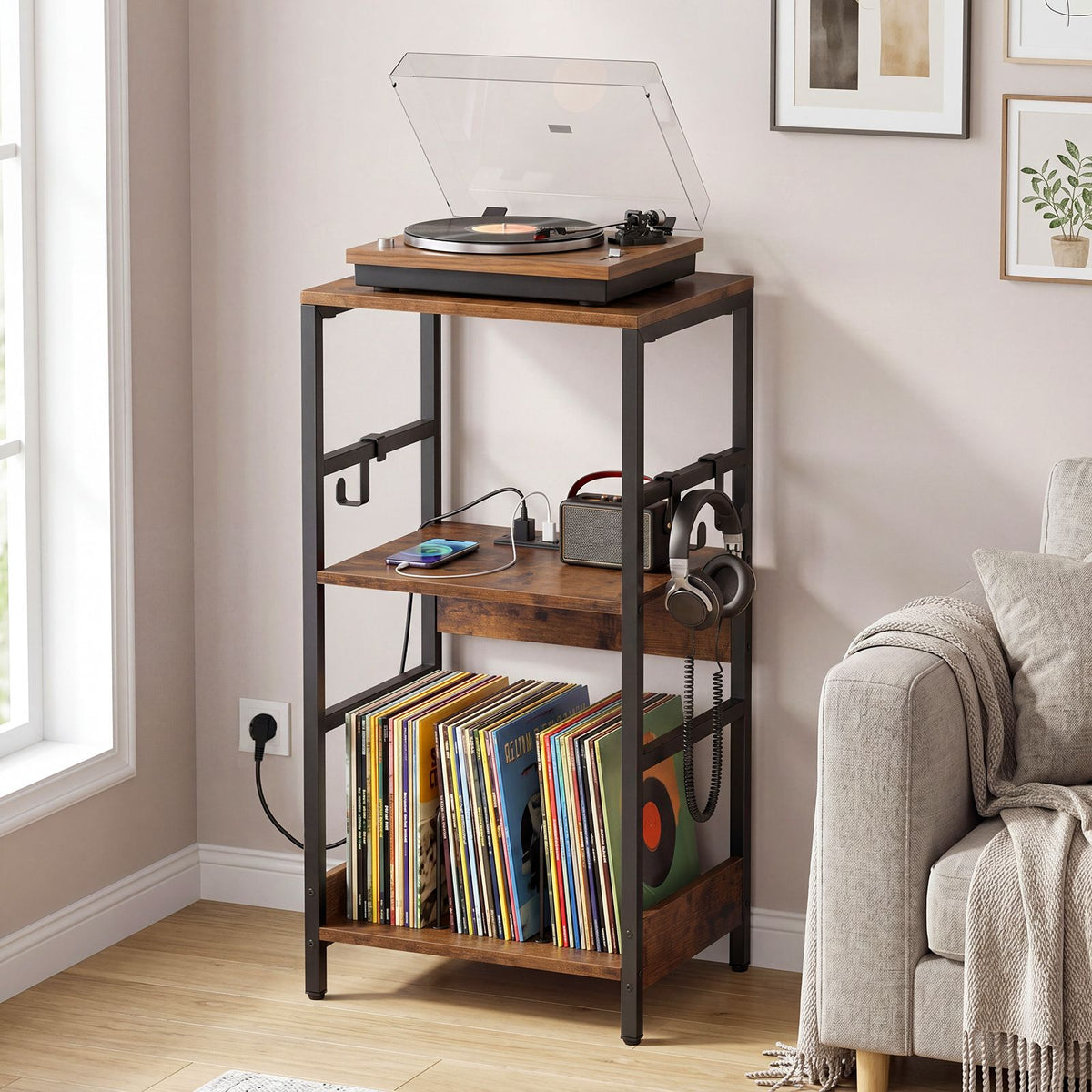 3-Tier Turntable Stand with 3 Hooks and Metal Legs for Music Room