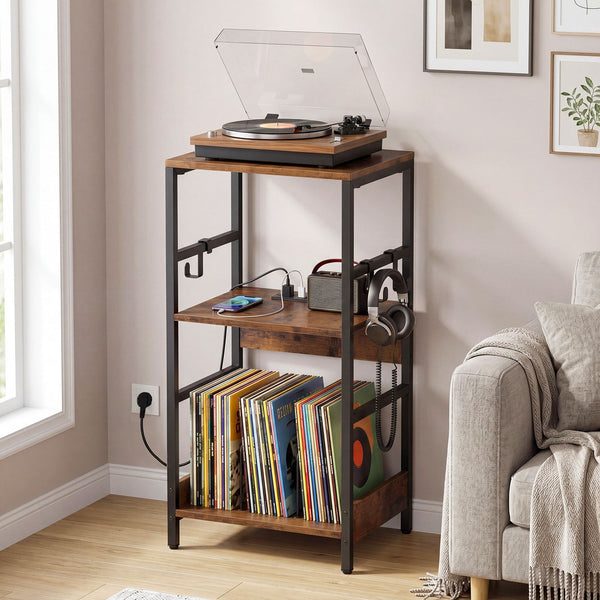 3-Tier Turntable Stand with 3 Hooks and Metal Legs for Music Room