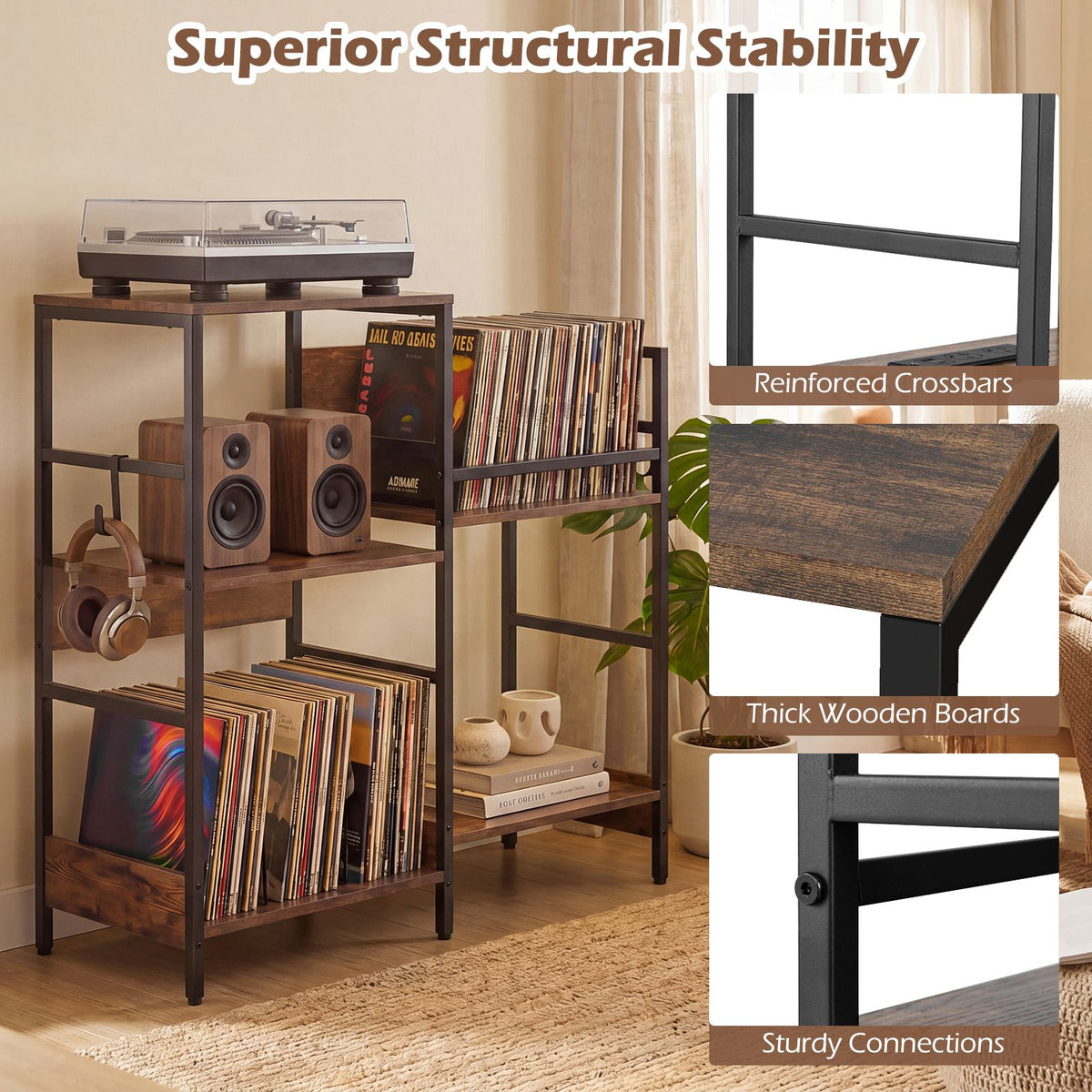 Large Record Player Table with Storage for Bedroom or Living Room
