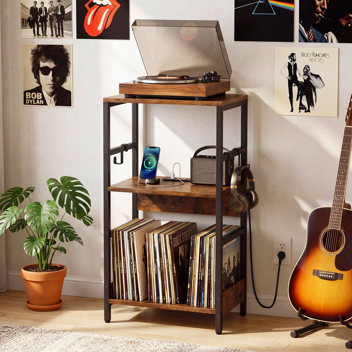 3-Tier Turntable Stand with 3 Hooks and Metal Legs for Music Room