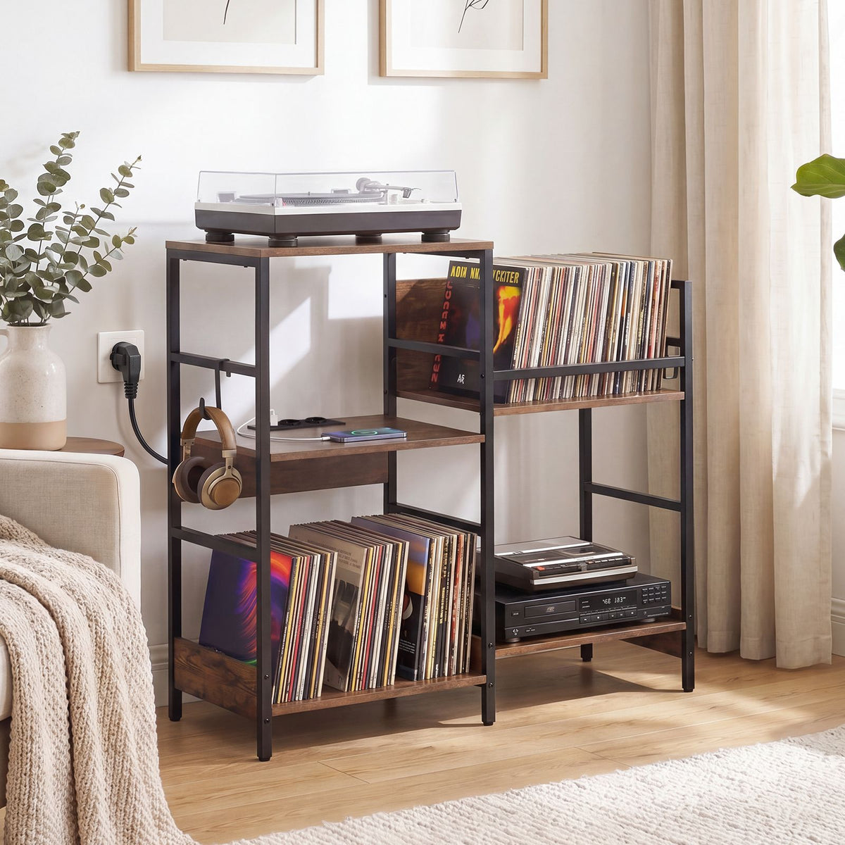 Large Record Player Table with Storage for Bedroom or Living Room