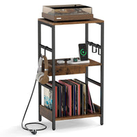 3-Tier Turntable Stand with 3 Hooks and Metal Legs for Music Room