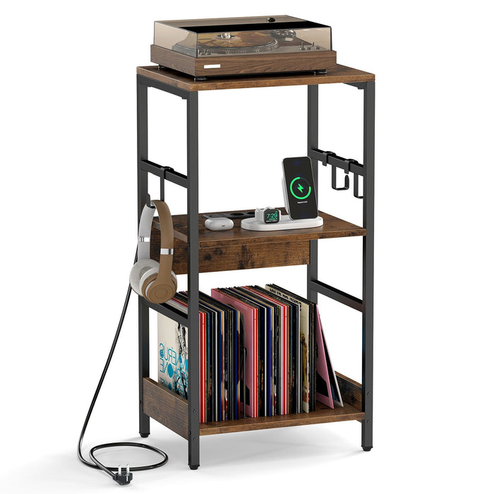 3-Tier Turntable Stand with 3 Hooks and Metal Legs for Music Room