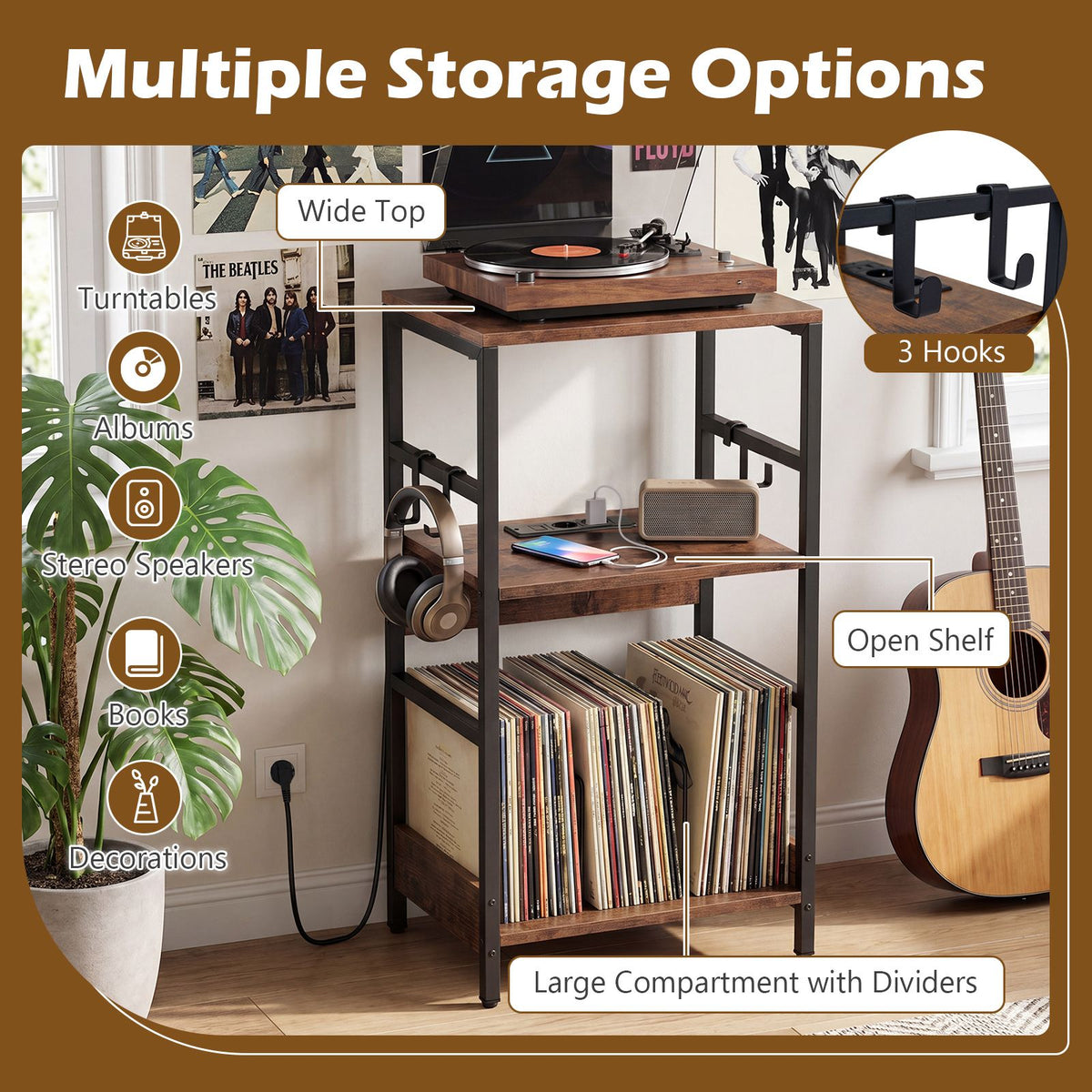 3-Tier Turntable Stand with 3 Hooks and Metal Legs for Music Room