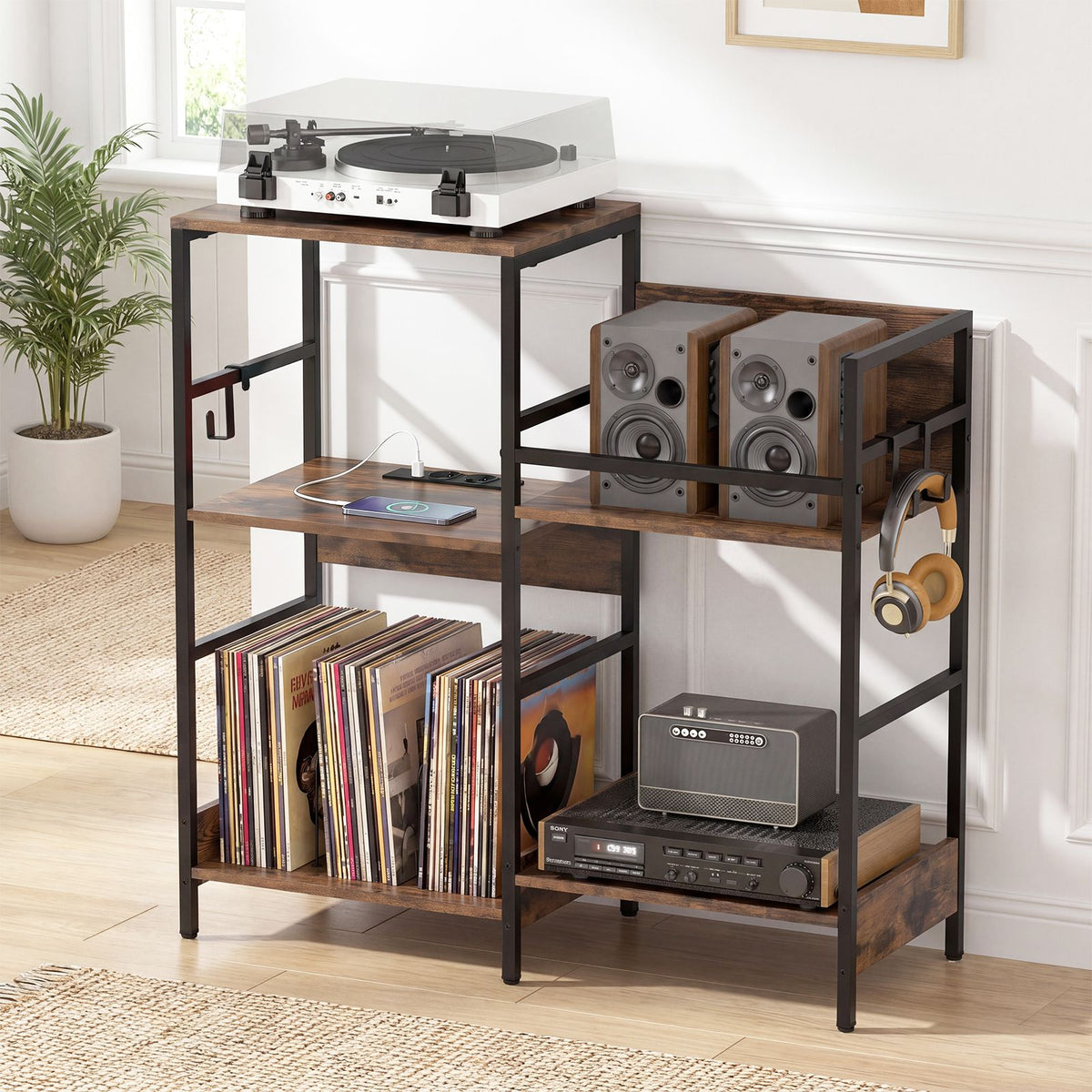 Large Record Player Table with Storage for Bedroom or Living Room