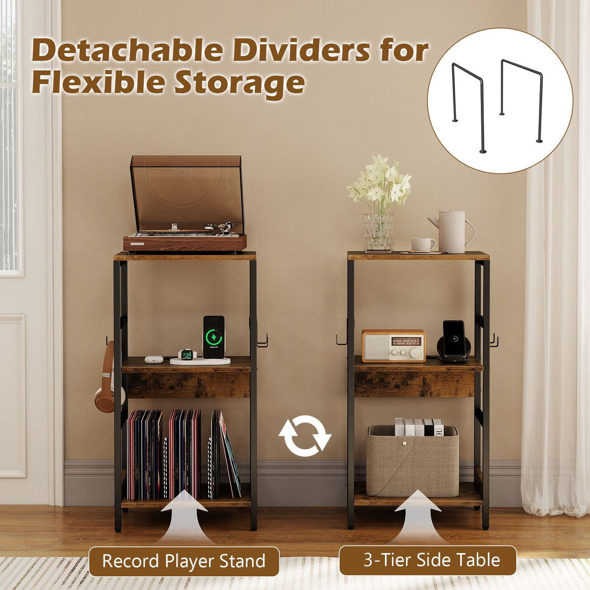 3-Tier Turntable Stand with 3 Hooks and Metal Legs for Music Room