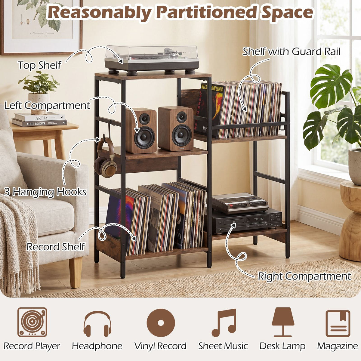 Large Record Player Table with Storage for Bedroom or Living Room