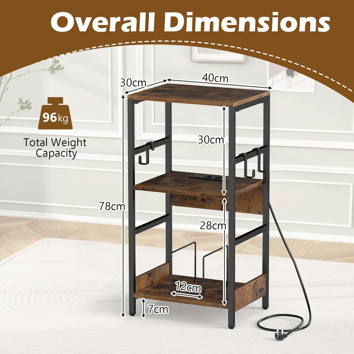 3-Tier Turntable Stand with 3 Hooks and Metal Legs for Music Room