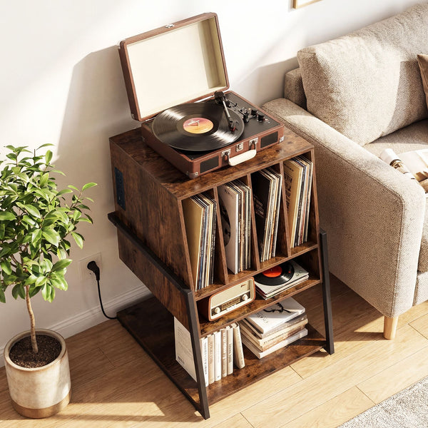 Record Player Stand with Charging Station and Vinyl Storage Holder for Living Room
