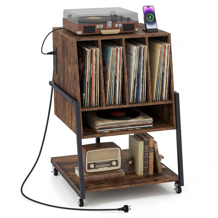 Record Player Stand with Charging Station and Vinyl Storage Holder for Living Room