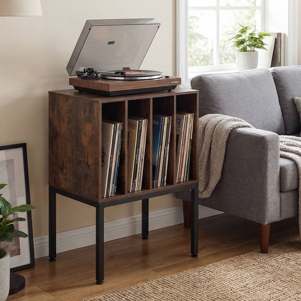 Record Player Stand with Vinyl Storage Shelves and Raised Metal Legs for Living Room