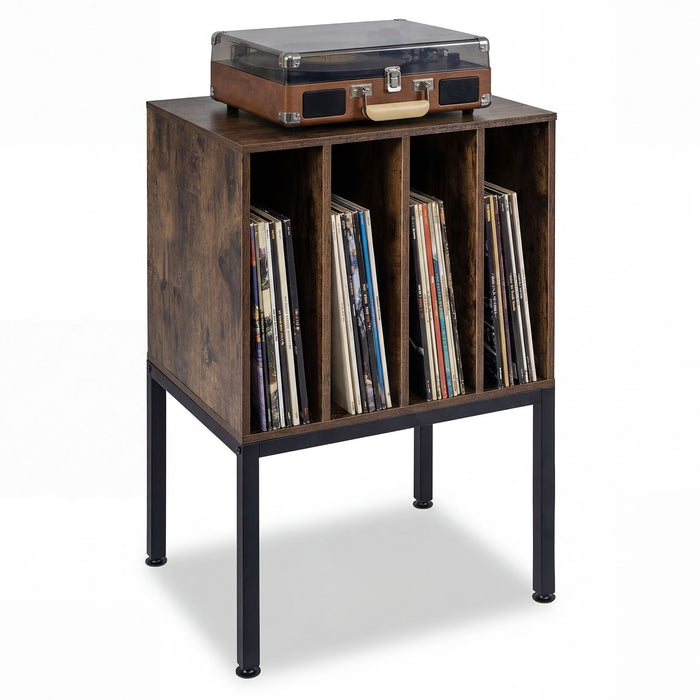 Record Player Stand with Vinyl Storage Shelves and Raised Metal Legs for Living Room