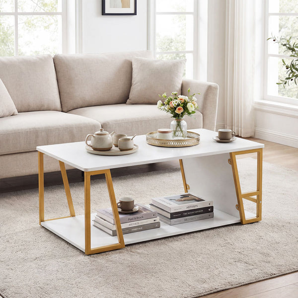 Rectangle Coffee Table 2-Tier with Storage Shelf and Compartment for Living Room