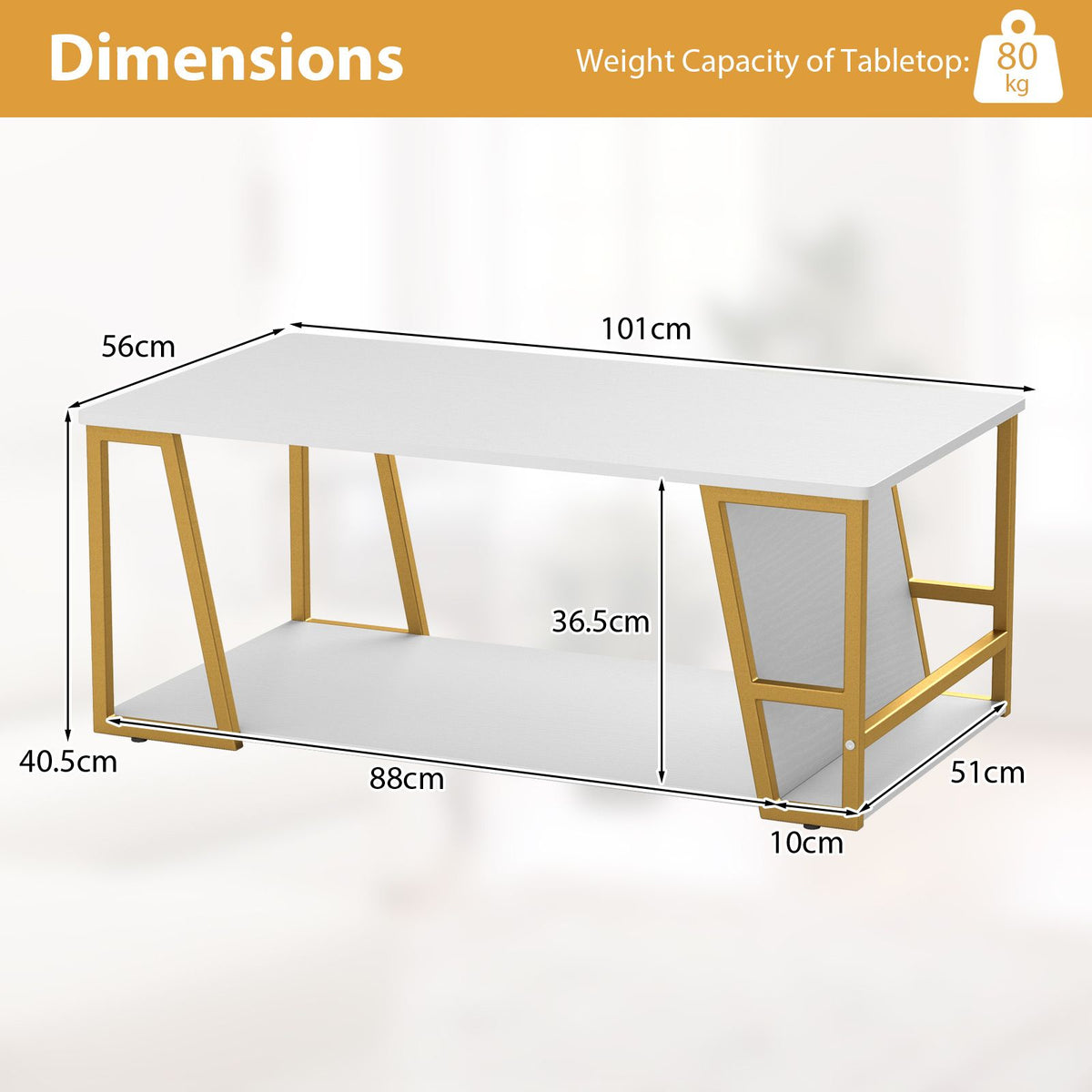 Rectangle Coffee Table 2-Tier with Storage Shelf and Compartment for Living Room