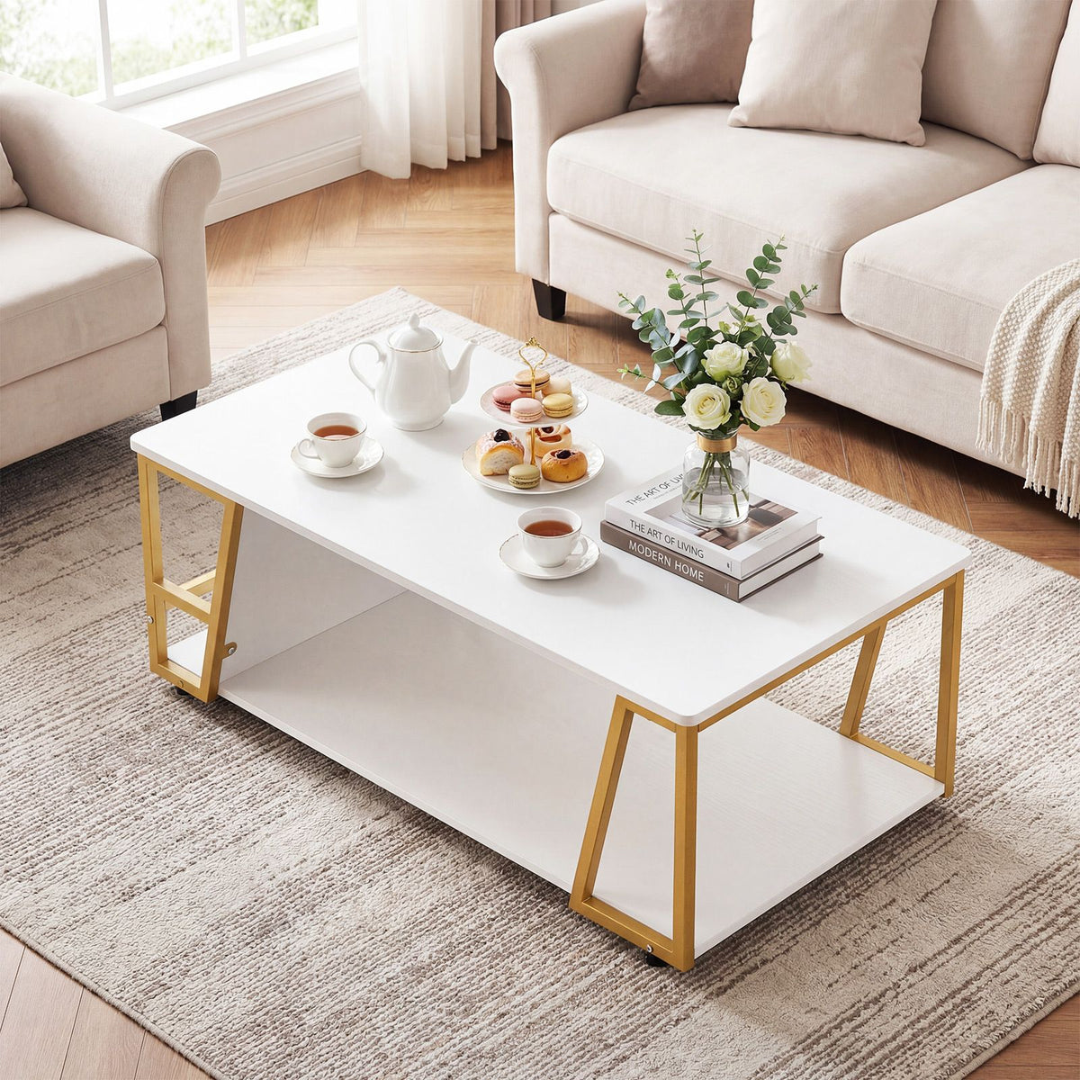 Rectangle Coffee Table 2-Tier with Storage Shelf and Compartment for Living Room