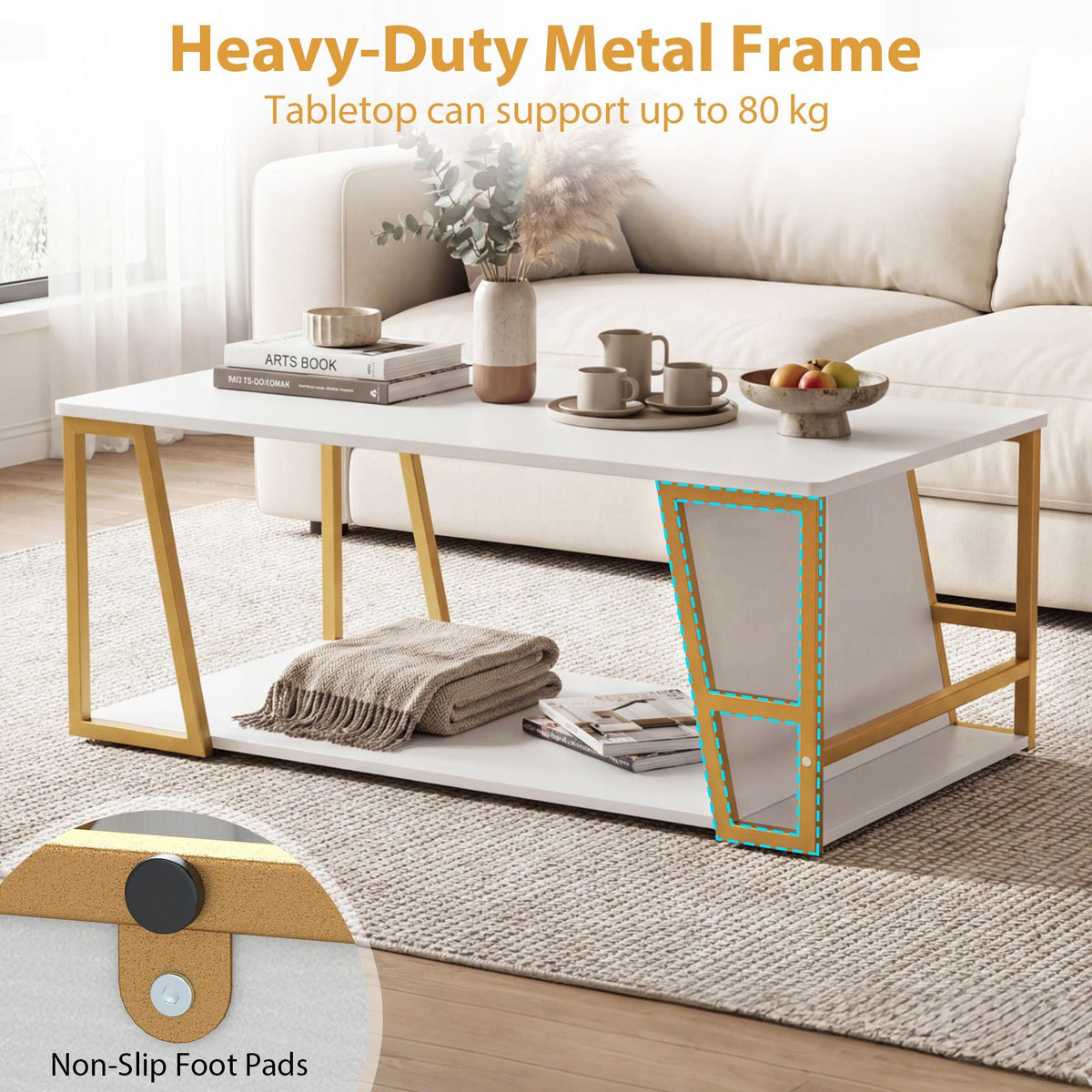 Rectangle Coffee Table 2-Tier with Storage Shelf and Compartment for Living Room