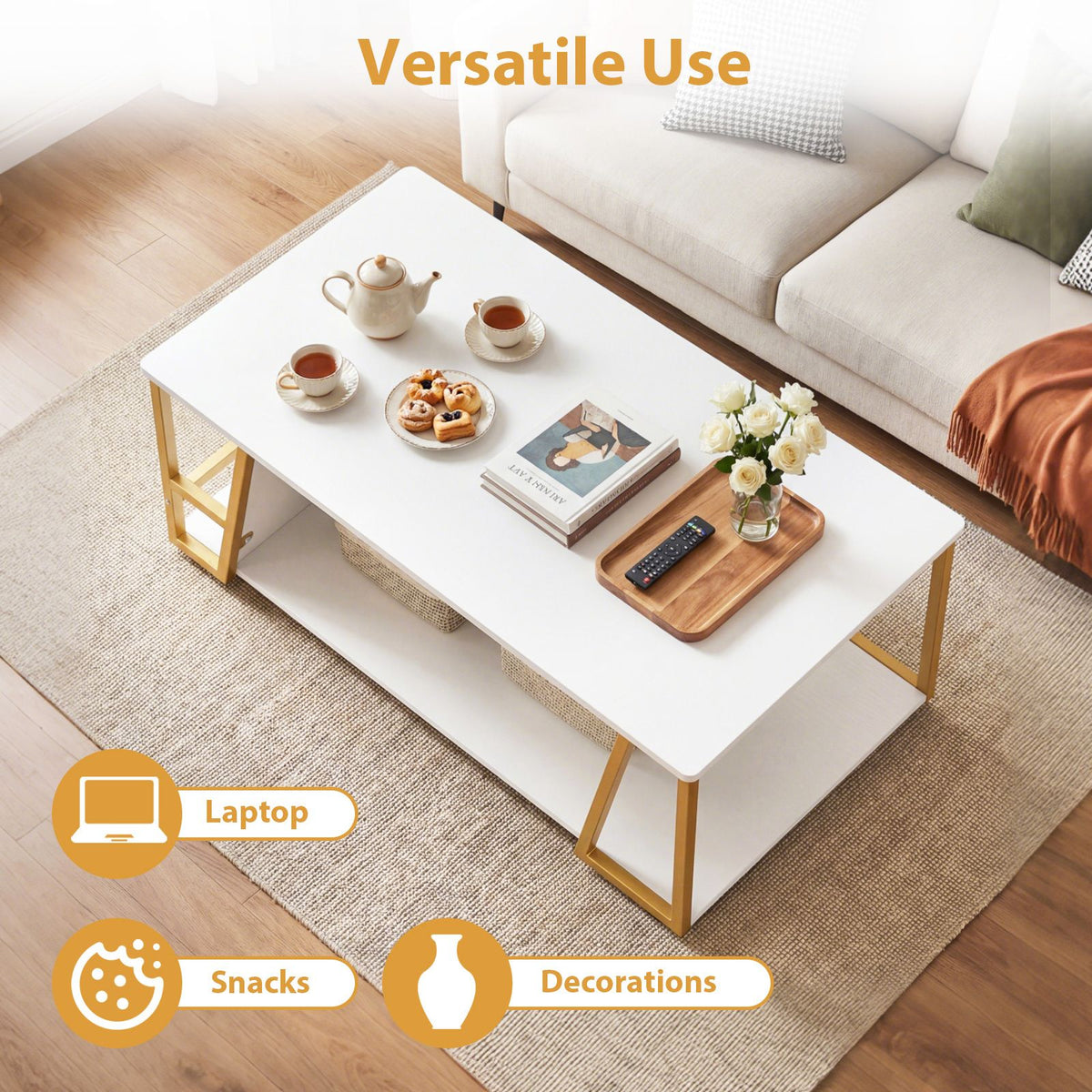 Rectangle Coffee Table 2-Tier with Storage Shelf and Compartment for Living Room