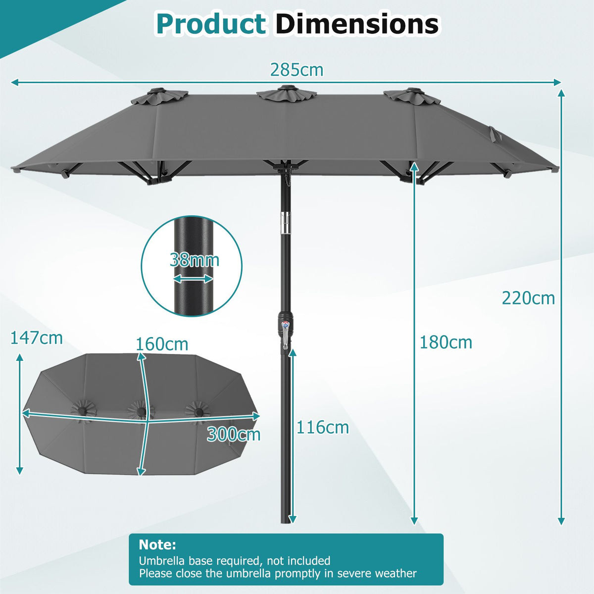Rectangle Outdoor Market Umbrella with 12 Ribs for Pool Garden Deck