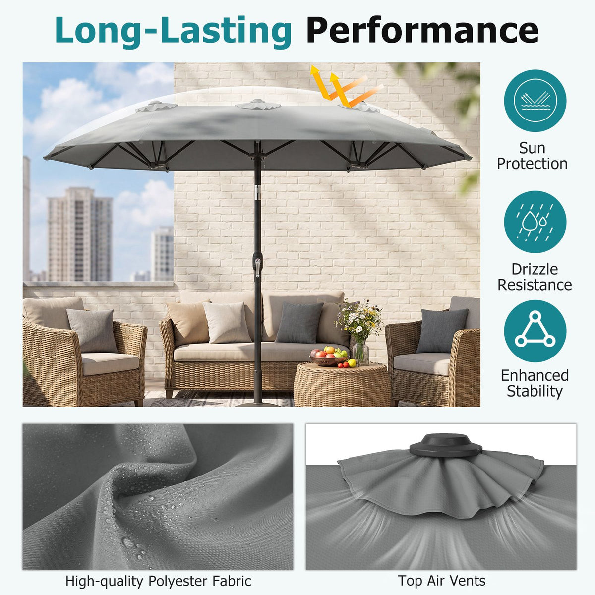 Rectangle Outdoor Market Umbrella with 12 Ribs for Pool Garden Deck