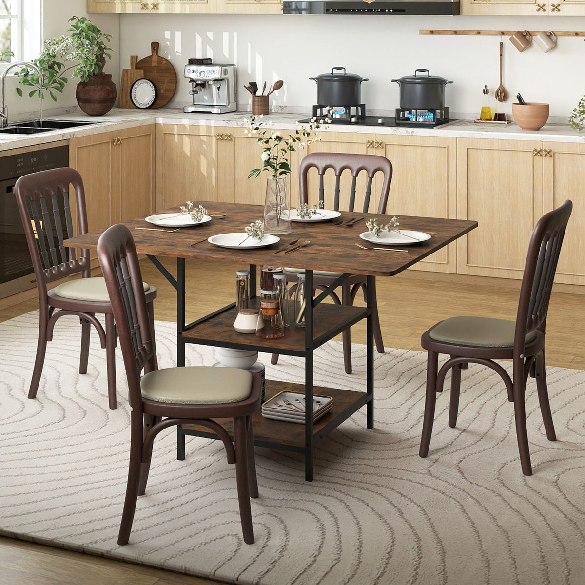 120 cm Rectangular Kitchen Table with 2-tier Storage Shelves and Metal Legs