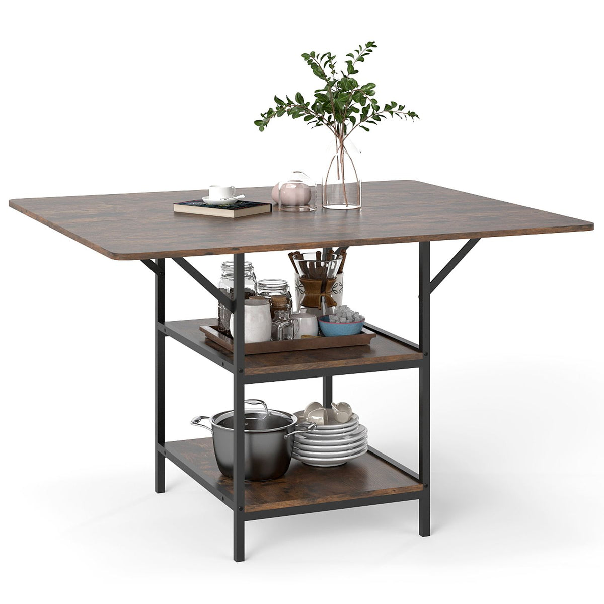 120 cm Rectangular Kitchen Table with 2-tier Storage Shelves and Metal Legs