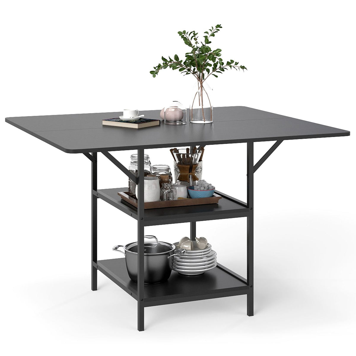 120 cm Rectangular Kitchen Table with 2-tier Storage Shelves and Metal Legs
