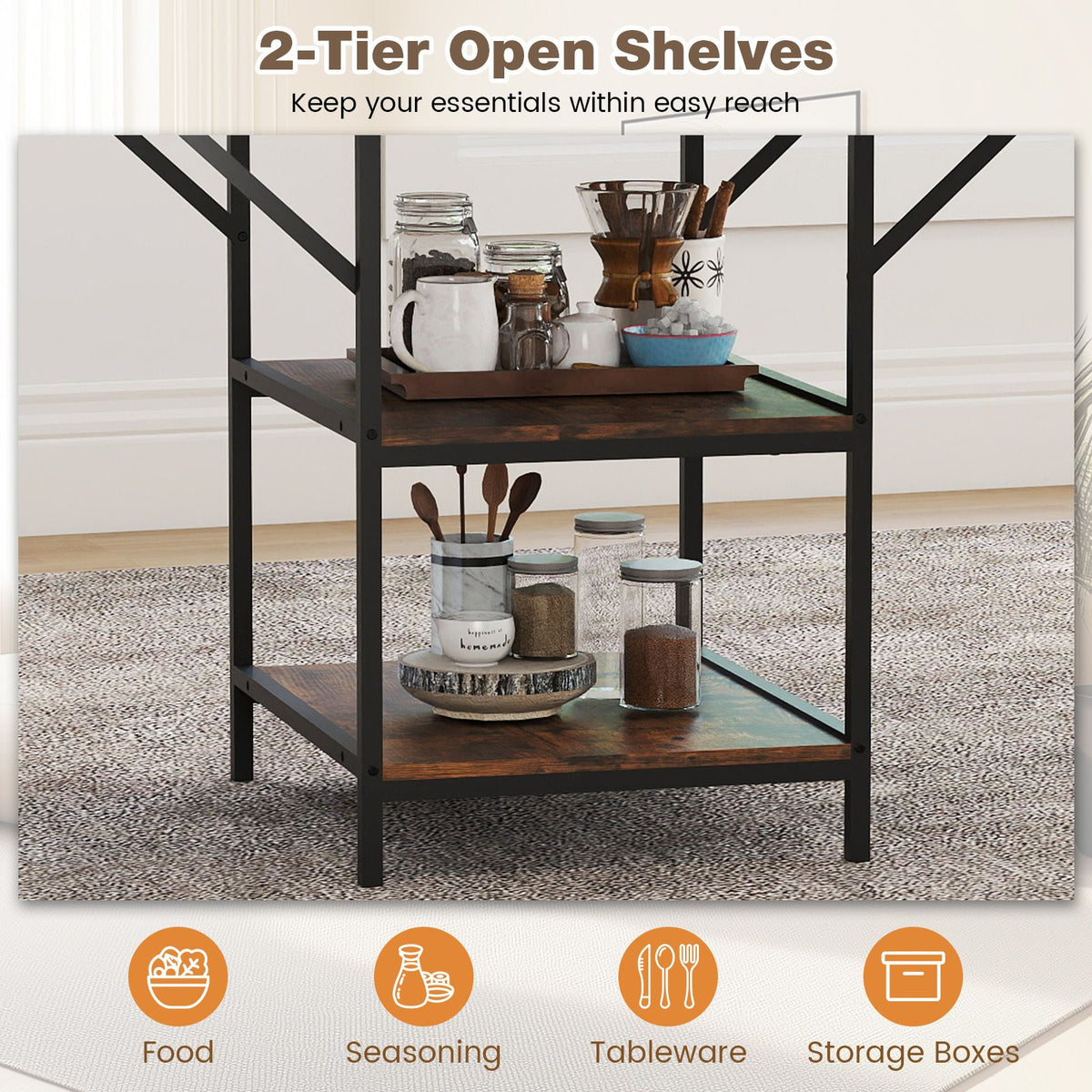120 cm Rectangular Kitchen Table with 2-tier Storage Shelves and Metal Legs