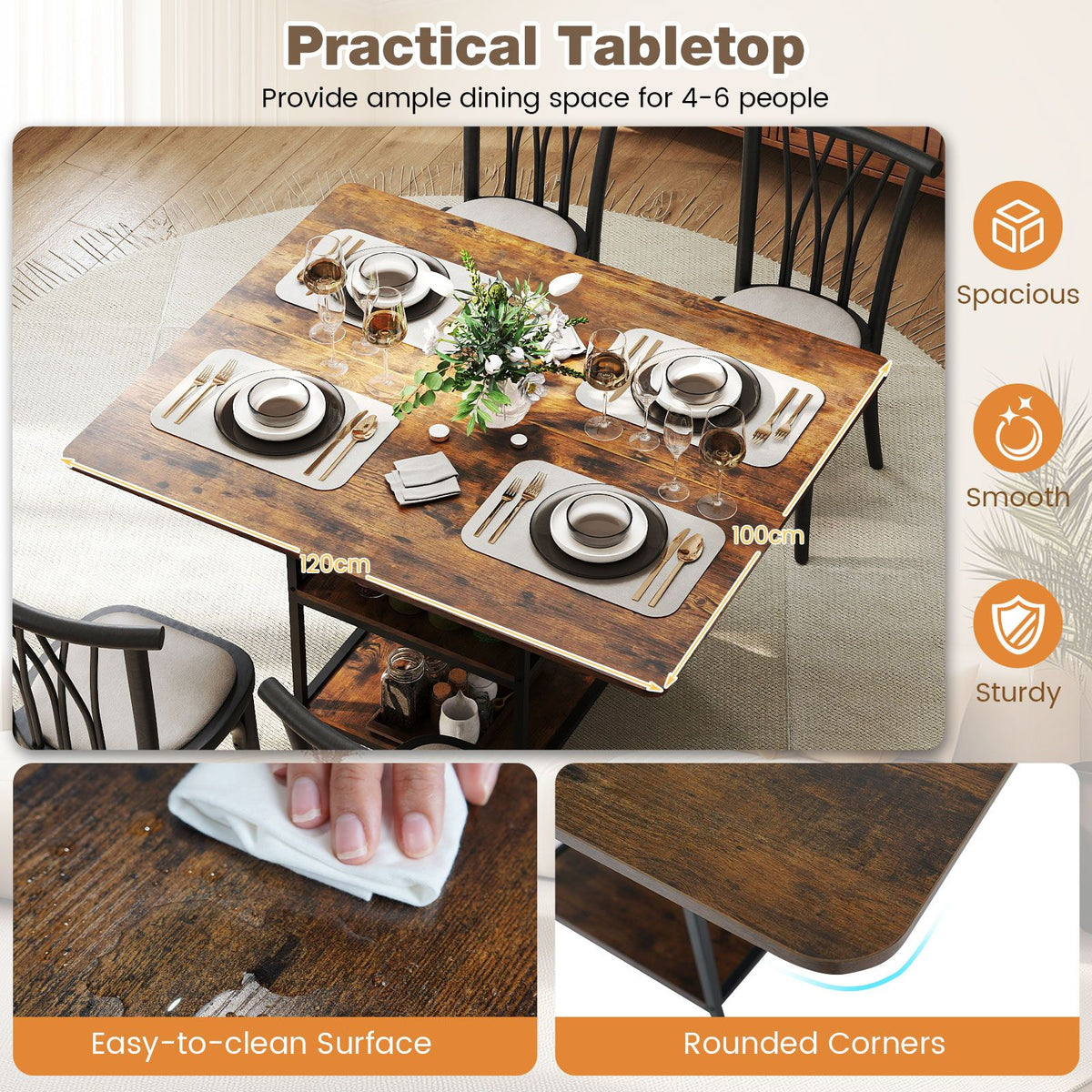 120 cm Rectangular Kitchen Table with 2-tier Storage Shelves and Metal Legs