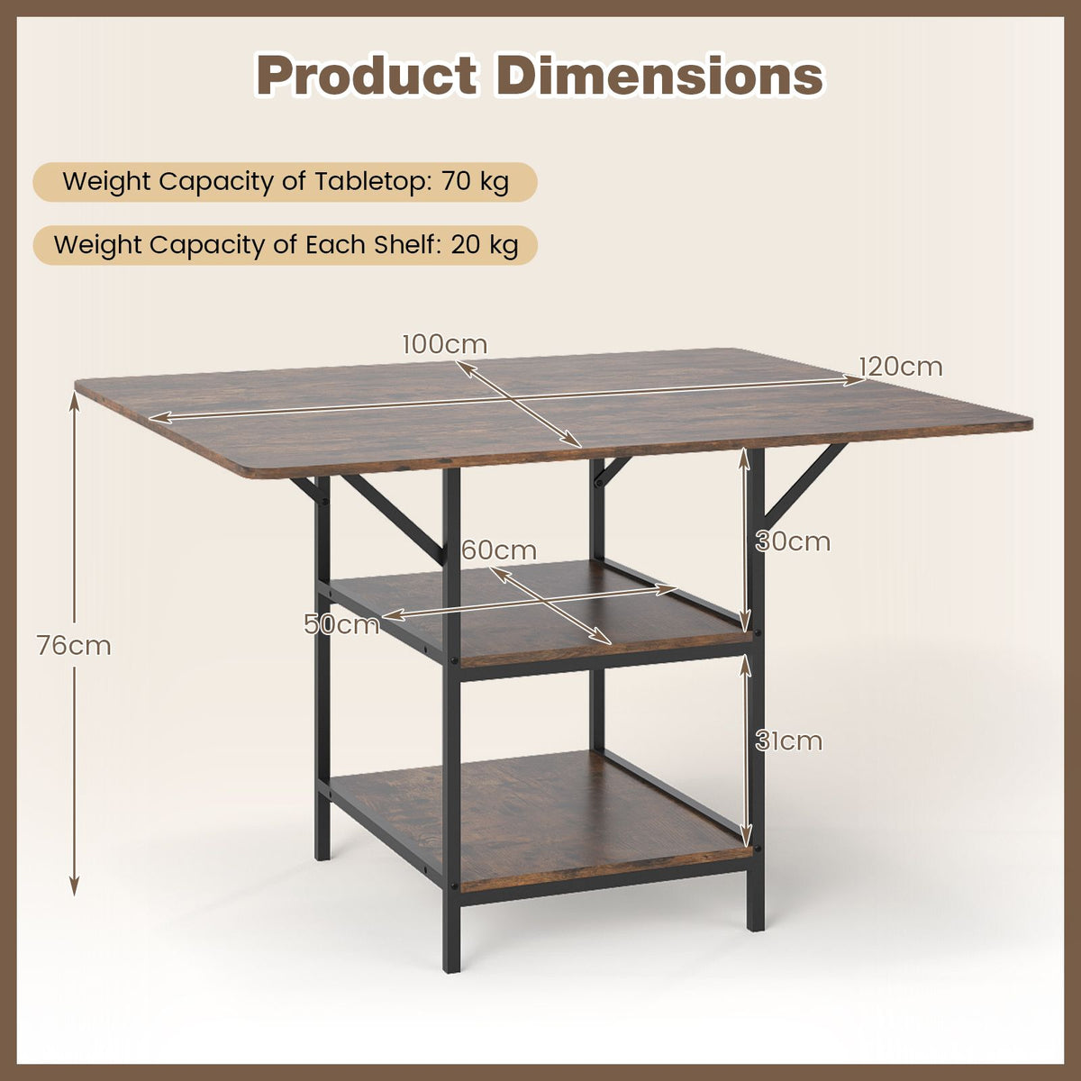 120 cm Rectangular Kitchen Table with 2-tier Storage Shelves and Metal Legs