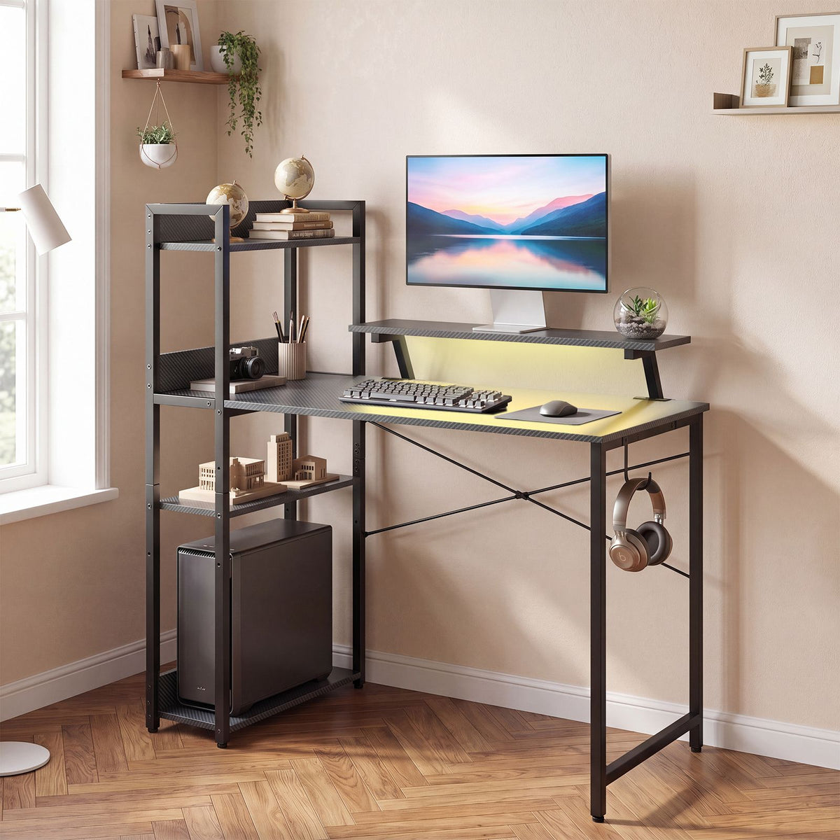 Reversible Computer Desk with RGB LED Lights and USB Type C Ports for Office