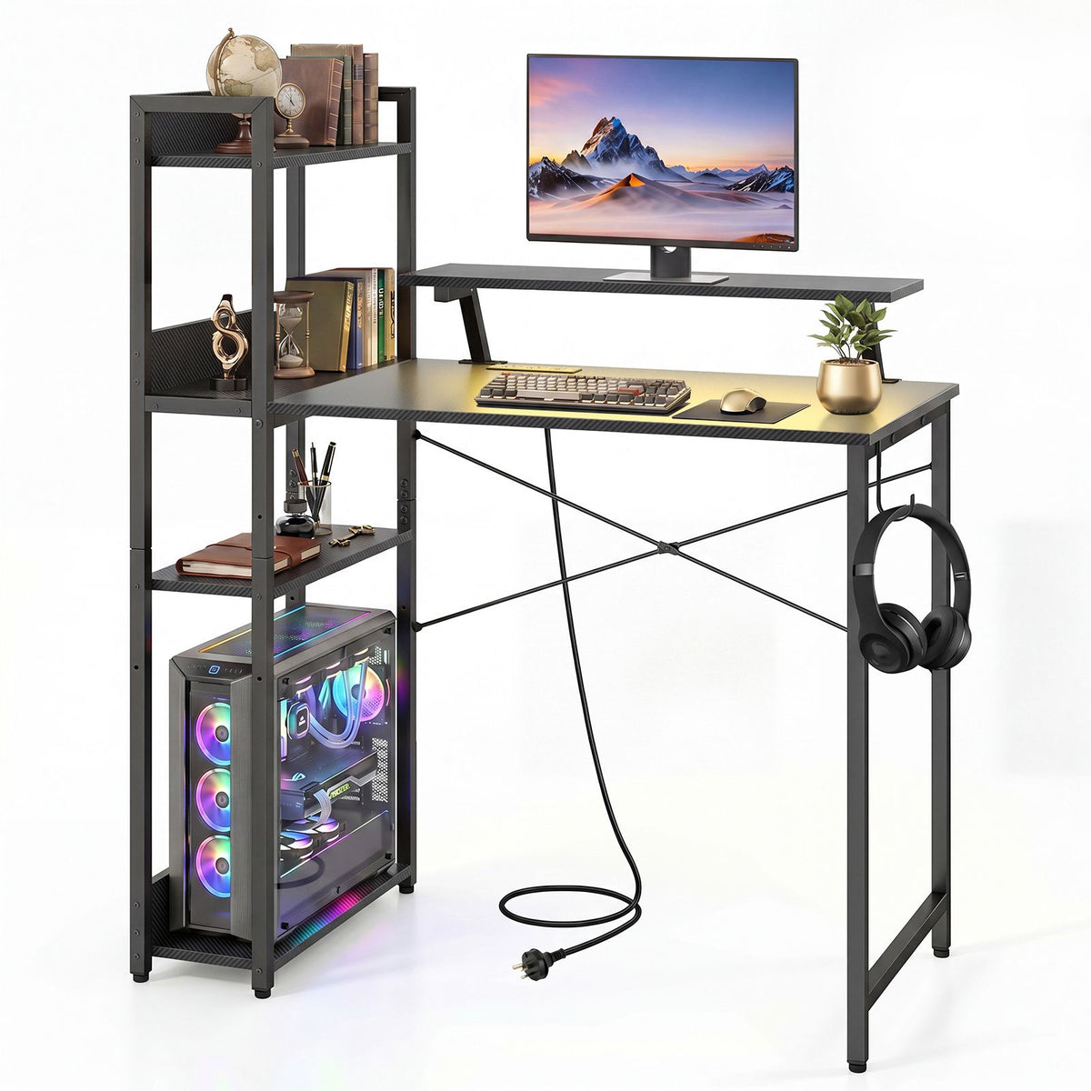 Reversible Computer Desk with RGB LED Lights and USB Type C Ports for Office