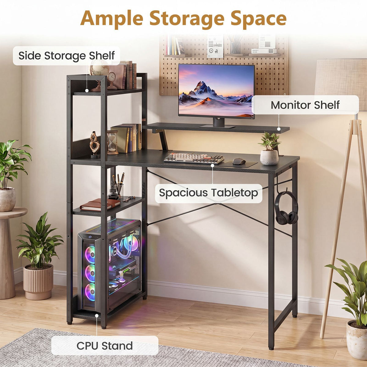 Reversible Computer Desk with RGB LED Lights and USB Type C Ports for Office