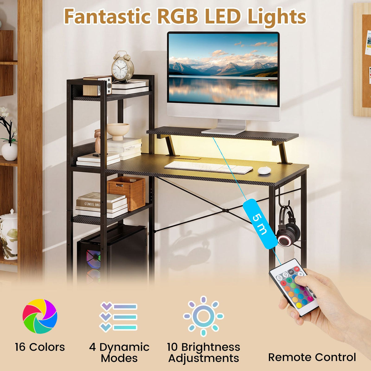 Reversible Computer Desk with RGB LED Lights and USB Type C Ports for Office