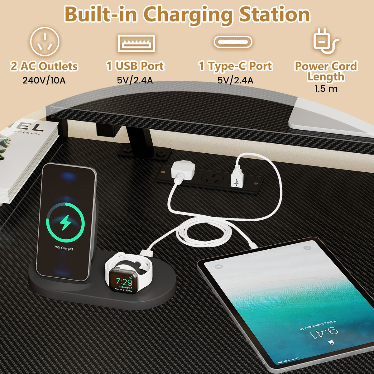 Reversible Computer Desk with RGB LED Lights and USB Type C Ports for Office
