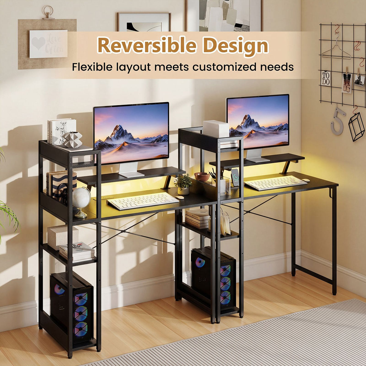 Reversible Computer Desk with RGB LED Lights and USB Type C Ports for Office
