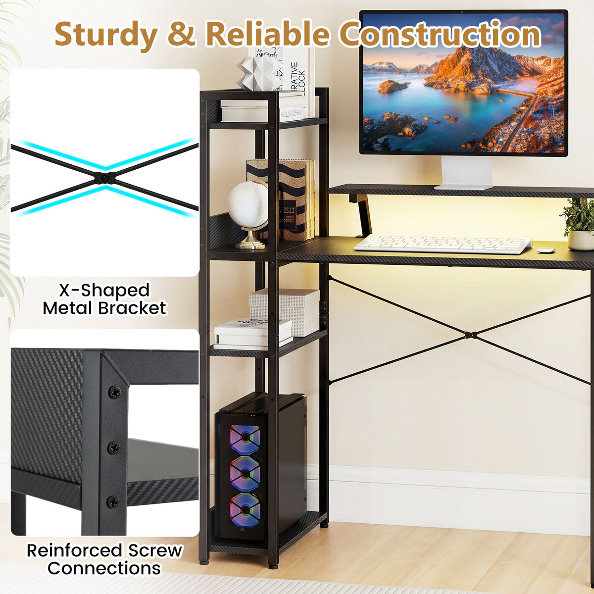 Reversible Computer Desk with RGB LED Lights and USB Type C Ports for Office