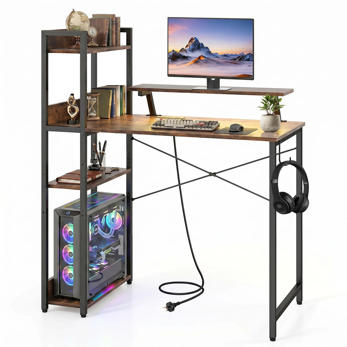 Reversible Computer Desk with RGB LED Lights and USB Type C Ports for Office